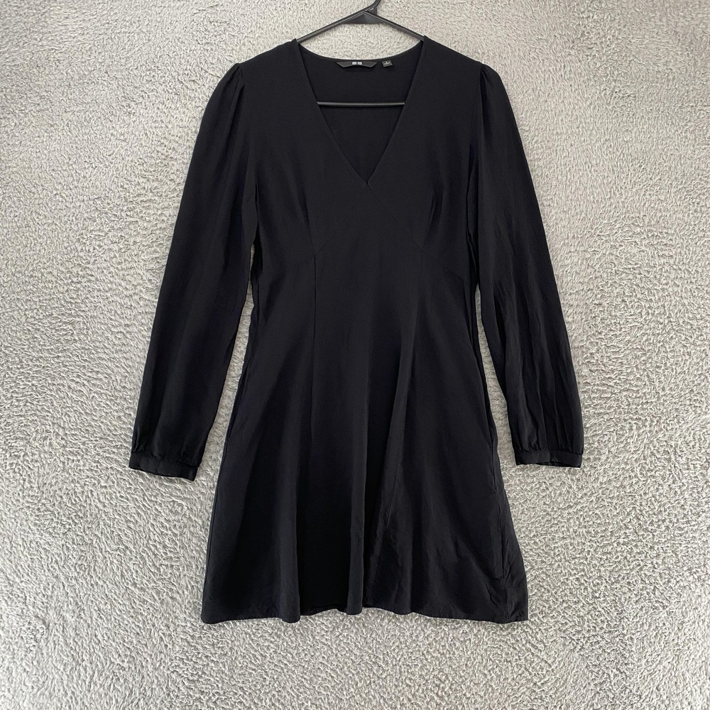 Uniqlo Dress Womens Small Black Long Sleeve V Neck Babydoll Minimalist Fit Flare